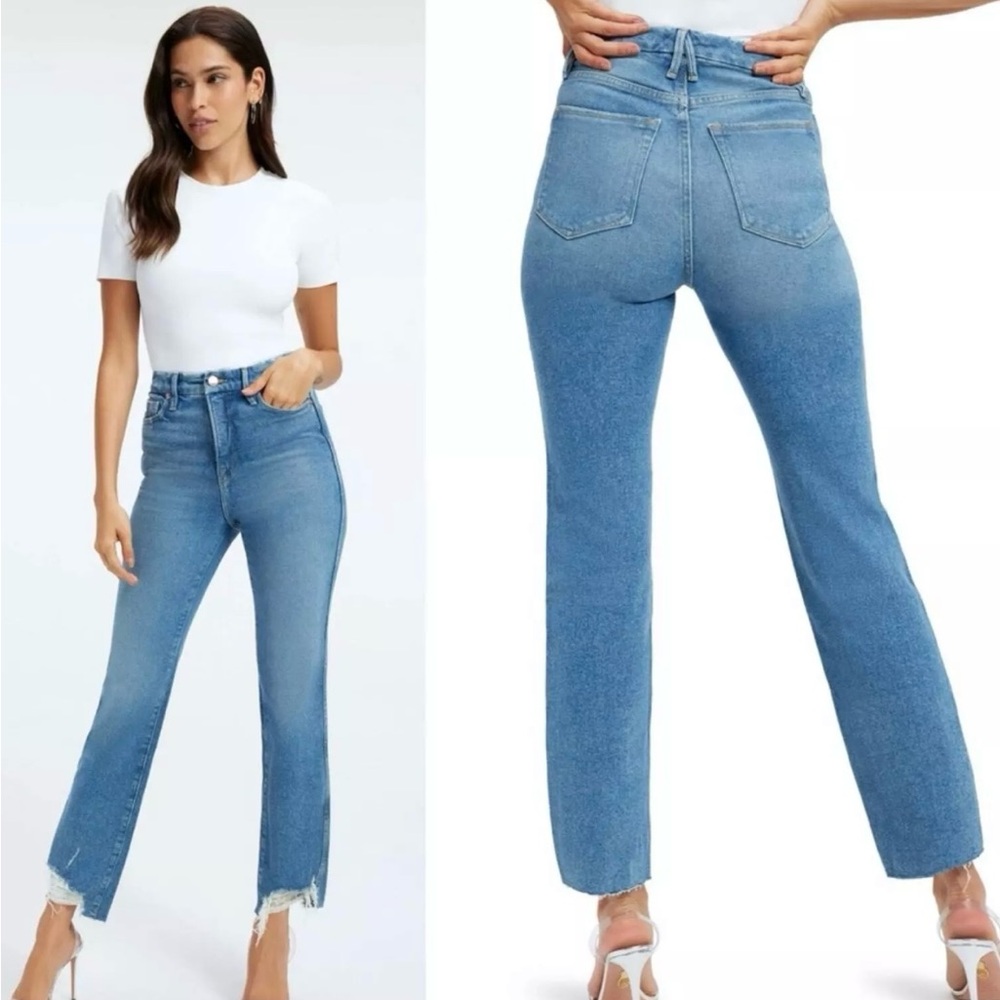 Good American Good Curve Straight Leg Fray Hem Jean Blue 313 Women's Size 29